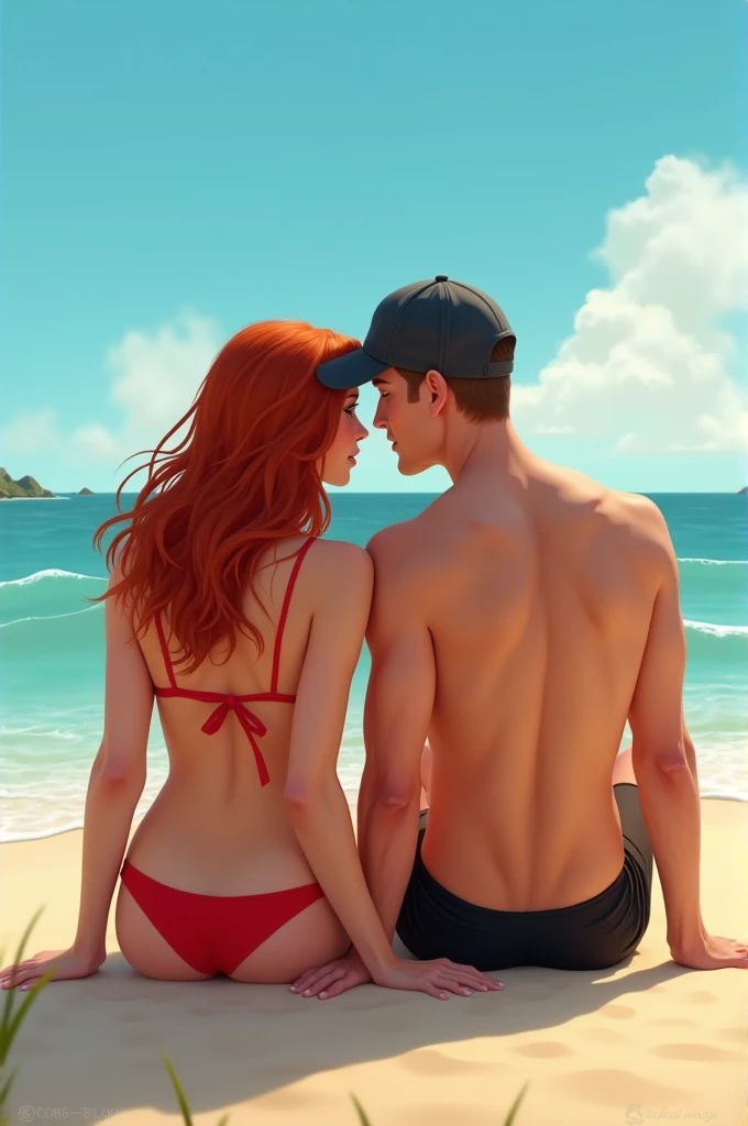 Generate a couple in love sitting together on the sand on the beach, the white-skinned woman with medium-length copper-red hair wearing a red bikini and the white-skinned man wearing a cap and black swimming trunks