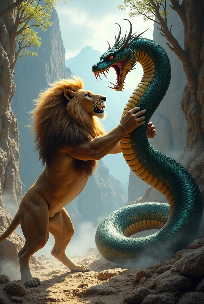 Dessin d'un lion qui affronte le serpent python de la mythologie grec 
