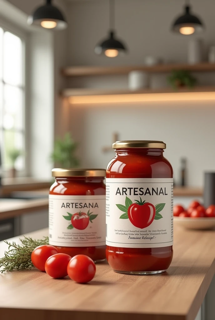 Create an image, 1 litre tomato sauce jar and a different 500ml jar, 
With a label say the word:
 ARTESANAL Write ARTESANAL correctly on the label Create the image in a modern kitchen,
And it looks realistic taken from a cell phone camera, 
Make it look like an advertisement Make the bottle look like a ketchup bottle, but with the same label, that the packaging is made of plastic and has a small description at the bottom of the label