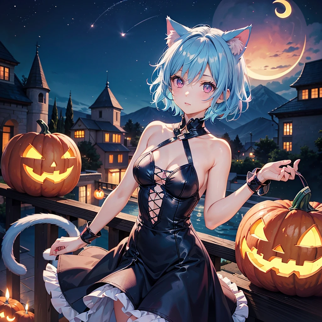 (Sky blue hair),(Short Hair), (Pink Eyes),Fair skin) ,(whole body),(One Girl),(Crescent Moon),(There are lots of pumpkin ghosts in the background),Cat ear,Cat's Tail,Cat clothes,(Ahegao),(Fall into Darkness),If you don't give me sweets, I'll play a prank on you.),Halloween Night Party),(masterpiece, Highest quality, Very detailed, Best Shadow), (Detailed Background), (Beautifully detailed face), High Contrast, (Best lighting, Very delicate and beautiful), ((Cinematic Light)), Hyper Detail,8k, Dramatic Light, Intricate details,night,(Bats flying in the background),Pumpkin handbag,There are sweets in the bag,