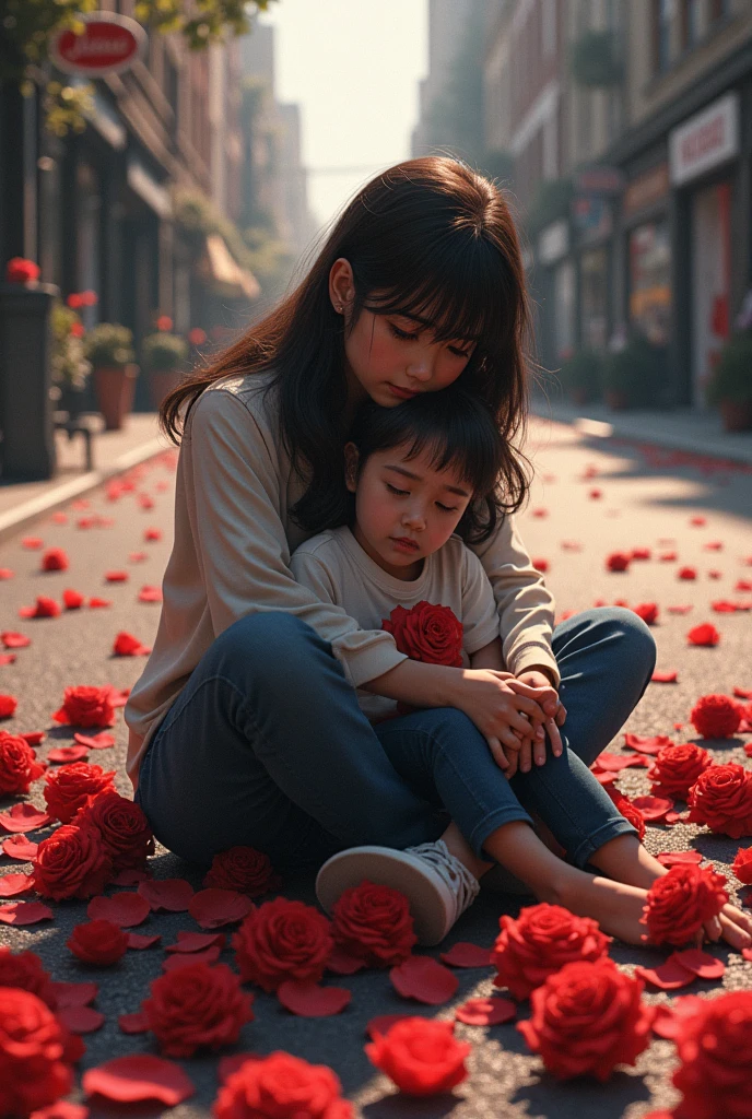 Hundreds of roses scattered on the street, a girl sitting on the sidewalk and a dying boy with his head on girl's knees. people around them