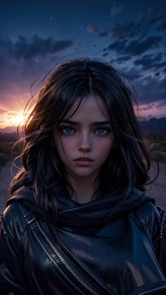 1 girl, end of the road, car, sunset, dramatic sky, desert landscape, detailed face, beautiful eyes, lush eyelashes, glossy lips, long hair blowing in the wind, melancholic expression, moody lighting, cinematic atmosphere, vibrant colors, photorealistic, hyper detailed, 8k, best quality, masterpiece