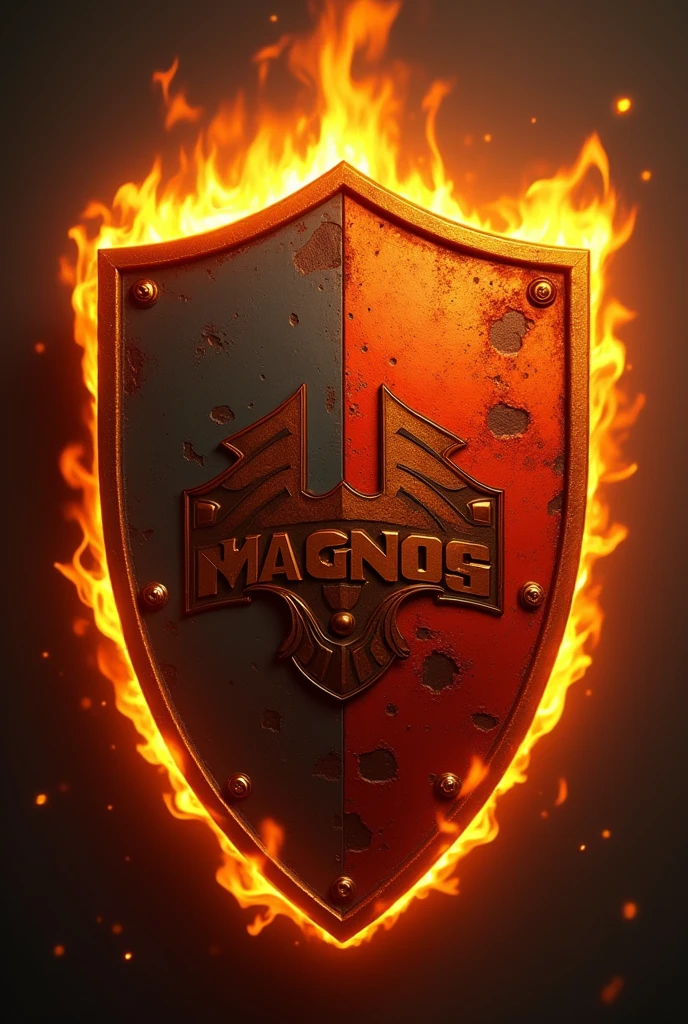 A team shield on fire,with the color orange,brown and red written magnos on the lower part of the shield