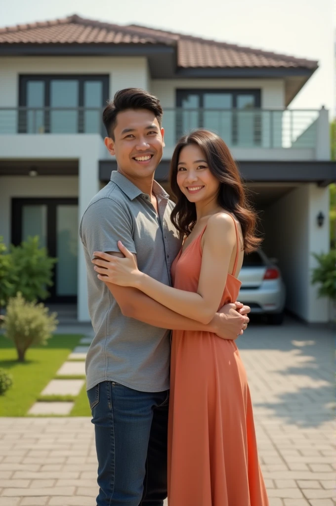 A happy Thai couple is standing in front of their house, embracing each other with warm, joyful expressions. The man is dressed in a casual outfit, wearing a t-shirt and jeans, while the woman is elegantly dressed in a white blouse paired with a navy blue, knee-length pencil skirt. They stand closely together, with the man gently wrapping his arm around the woman’s waist as they both smile contentedly. The scene is set in front of a modern house, with a car parked in the driveway, adding a sense of everyday life and comfort. The surroundings are well-kept, with a clean yard and a welcoming atmosphere, emphasizing the couple’s happiness and connection
