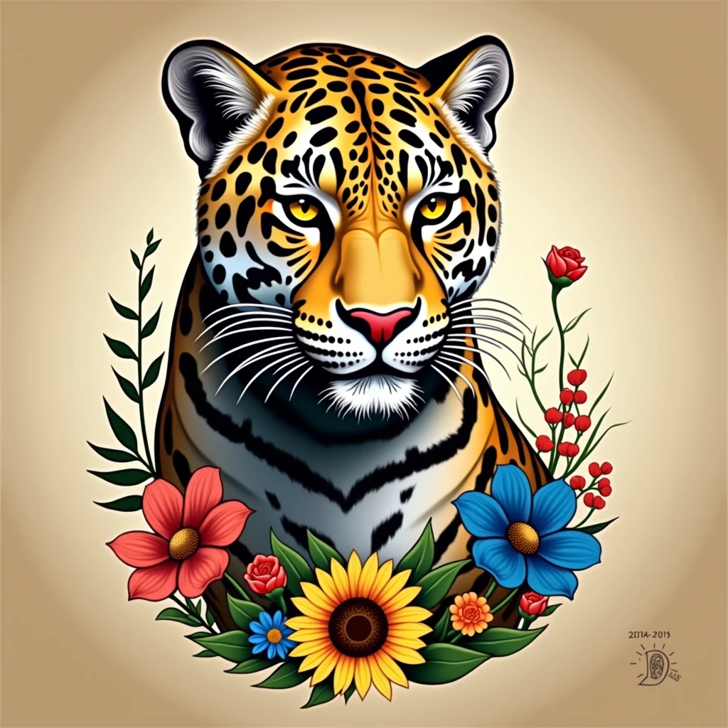 Create a fantastic Amazonian jaguar,inside a frame made of flowers. A mix of jaguar and tiger,leopard spots on the face, flowers in the head, sunflower, lilies, daisy, roses, color full, rainbow colours,spectacular, vibrant, no signature, no watermark,t-shirt art