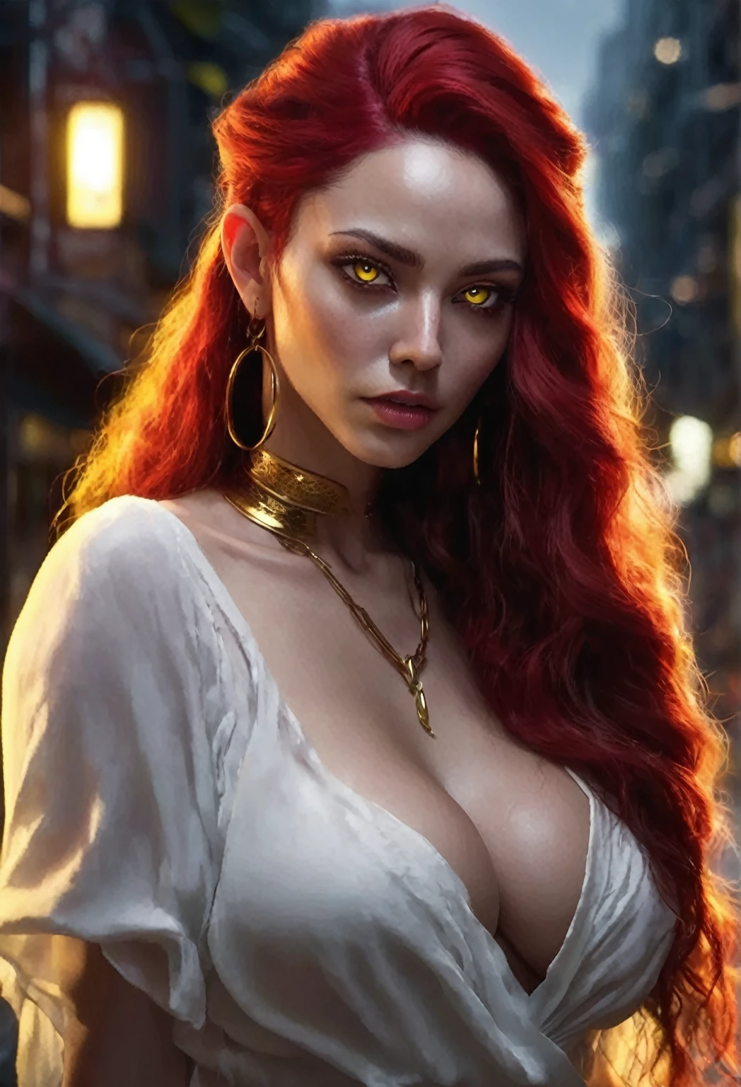 1 woman, inside a city at night, wearing a low-cut white blouse, feminine yellow eyes,, very black skin, BLACK detailed black skin, large breasts, hoops in her ears, long red hair, dramatic lighting, cinematic composition, dark palette, small elf ears, dark colors, atmospheric fog, thin chin, soft face, serious face, beautiful woman, adult woman, ultra realistic, adult woman (best quality, 4K, 8K, high-res, art: 1.2), ultra detailed (realistic, photorealistic, photorealistic: 1.37)