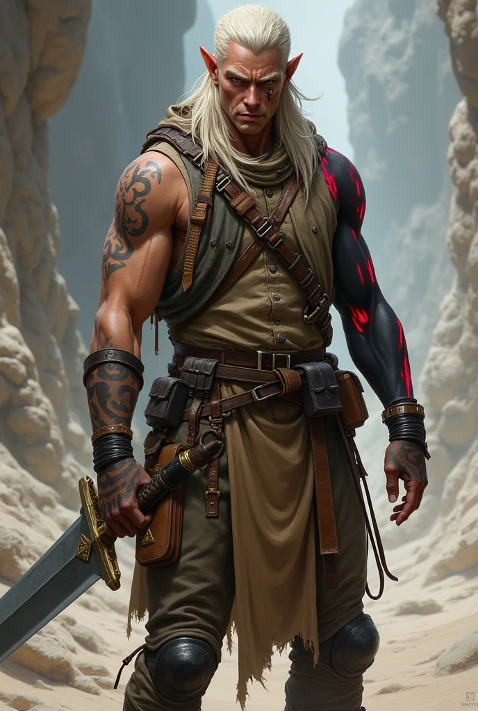 An elf from Eberron with almost white blond hair, a scar over his left eye, wearing an explorer's outfit, wielding a longsword, and on his left shoulder a tattoo of shadows., his right arm all black with magical veins glowing red