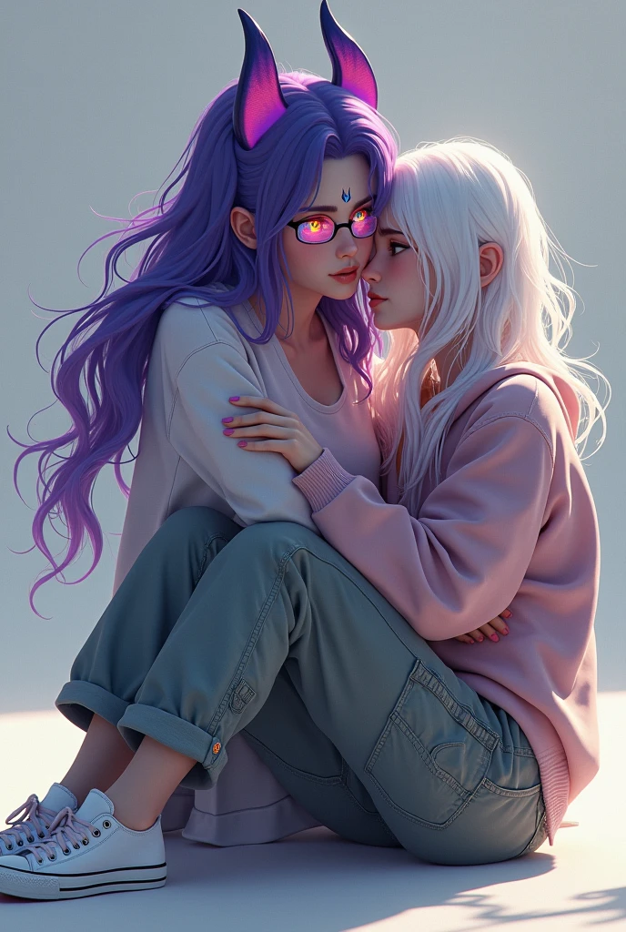 Two girls kissing white hair  barefoot, sunny playground sweating hugging