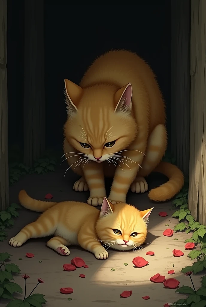Un chaton jaune mort et sa manman pleur