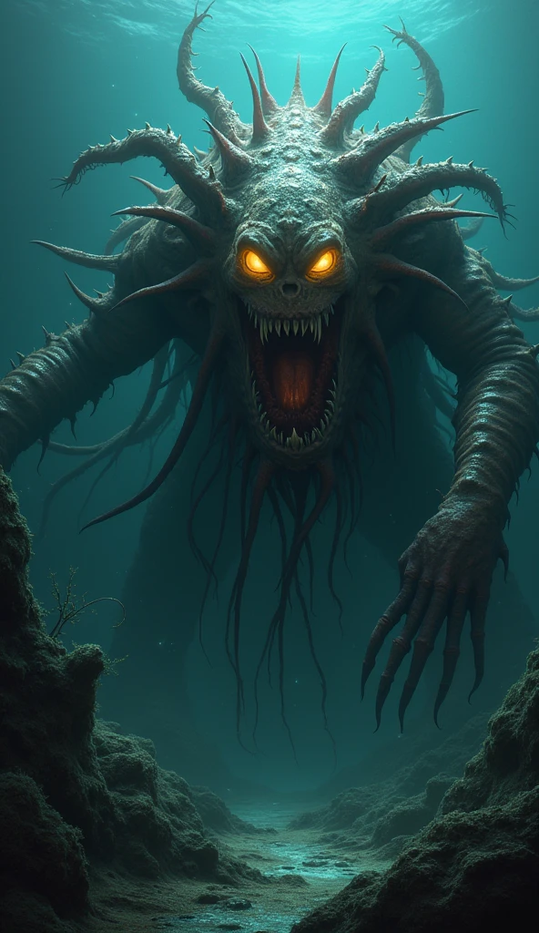 Create a realistic depiction of a monstrous creature that has lived for over 1000 years at the bottom of the sea. This creature should be ancient, terrifying, and unsettling, with features that evoke a sense of primal fear and horror.
The monster's body is massive and grotesque, covered in a combination of slimy, wet-looking skin and patches of rough, scaly armor. Its form is twisted and unnatural, with a mix of features from various horrifying sea creatures. Its proportions are bizarre and disturbing, designed to evoke a deep sense of unease.
The creature's head is particularly horrifying, featuring multiple asymmetrically placed eyes that glow ominously in the dark. These eyes have a sickly, unnatural glow, adding to the creature's eerie look. Its mouth is filled with sharp, jagged teeth, partially open to reveal thick, viscous saliva that drips menacingly. Additional elements like spines, horns, or bioluminescent patches should emphasize its alien and terrifying nature.
One of the creature's most distinctive features is its numerous long, writhing tentacles or limbs. These appendages are covered in spikes, hooks, or suckers, moving fluidly in a way that is both hypnotic and deeply unsettling. Their movements should appear unnaturally smooth, adding to the creature's otherworldly and disturbing presence. The appendages vary in length and thickness, some extending far into the shadows, suggesting the creature's immense size.
The setting is a dark, deep-sea environment. The background should include elements like jagged rocks, sunken ships, and eerie marine flora, creating a sense of confinement and isolation. The environment should be cold and oppressive, with the creature's slimy skin reflecting the minimal light available. Shadows should play a significant role, obscuring parts of the creature to enhance its menacing presence.
Lighting should be minimal, using the weak glows from the creature's eyes and bioluminescent parts to create a dramatic and terrifyin
