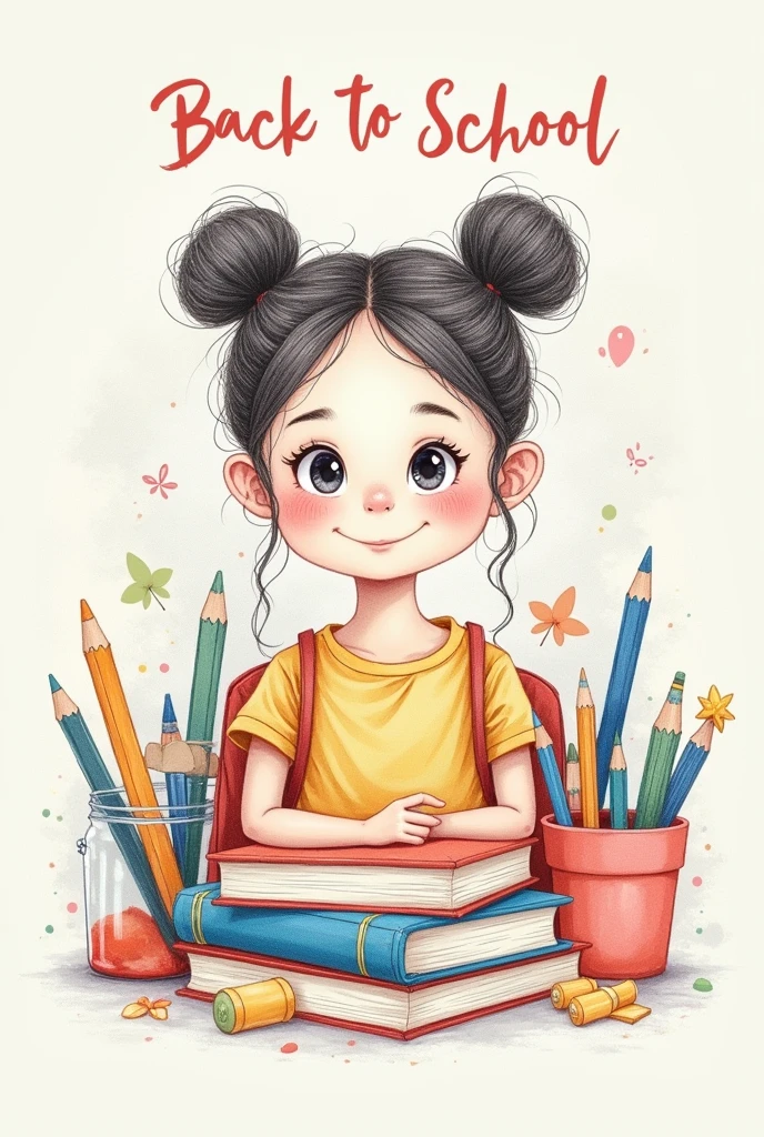 Back to school card for creative girls, solid colors, similar to pencil drawing with school supplies