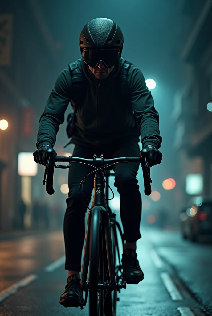 Man Riding a Bike in the Dark with Helmet and Goggles 