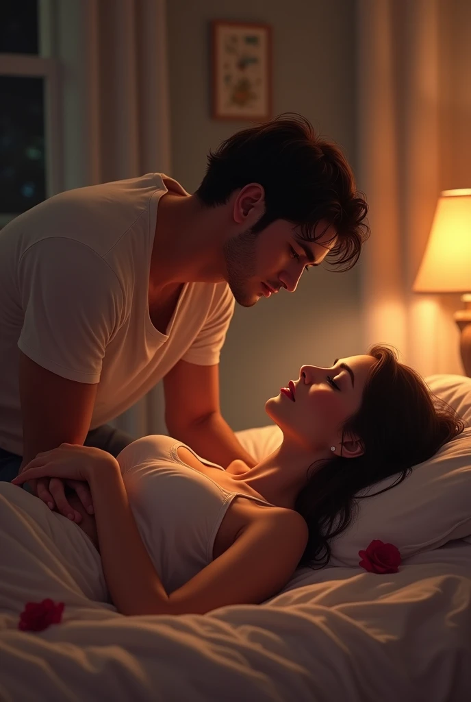 Man putting a girlfriend on the bed