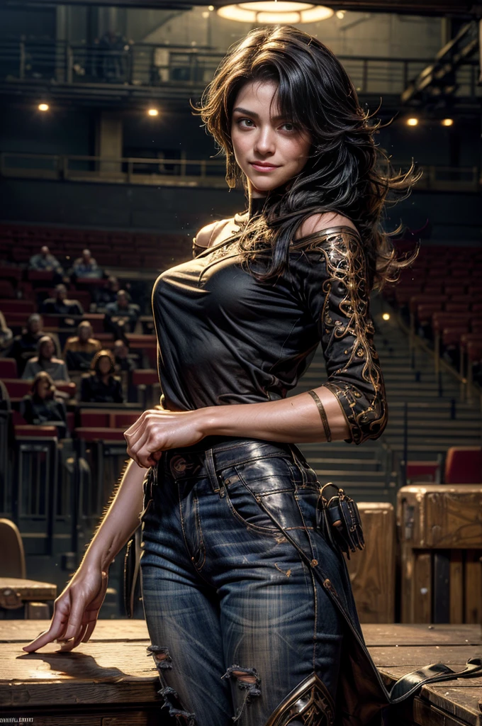 (masterpiece, best quality:1.2), cowboy shot, solo, 1girl, cinder fall, evil smile, looking at viewer, long hair, t-shirt, jeans, future_urban, standing in theater, orchestra, audience, crowd, (volumetric lighting), intricate details, tonemapping, sharp focus, hyper detailed