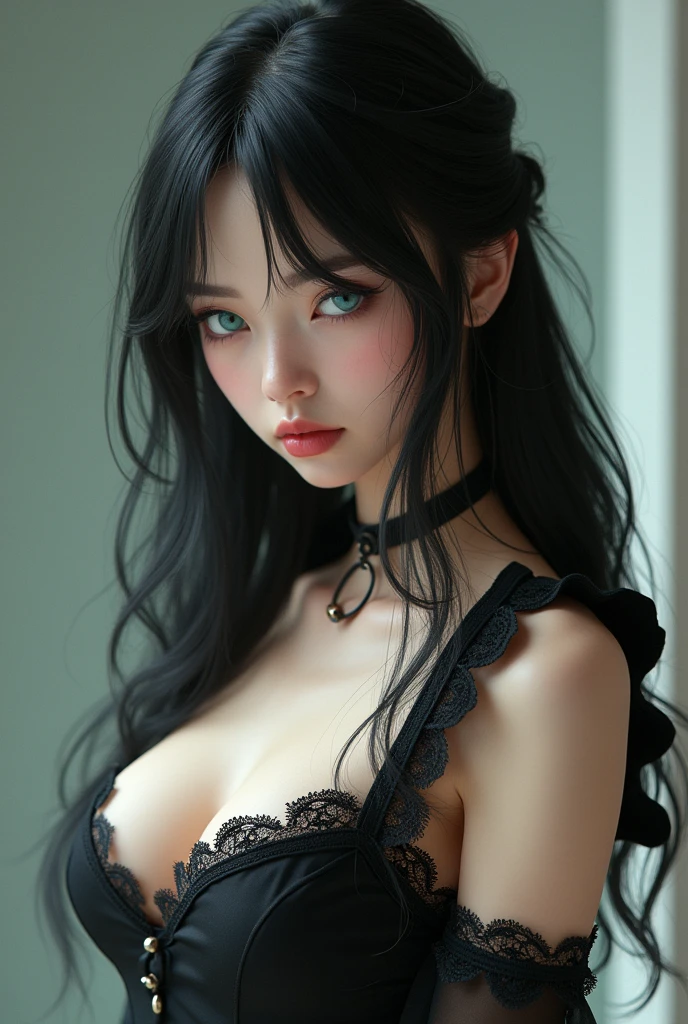 A sexy male with pretty, delicate facial features, black long hair, and teal blue eyes wearing a maid dress (Male 