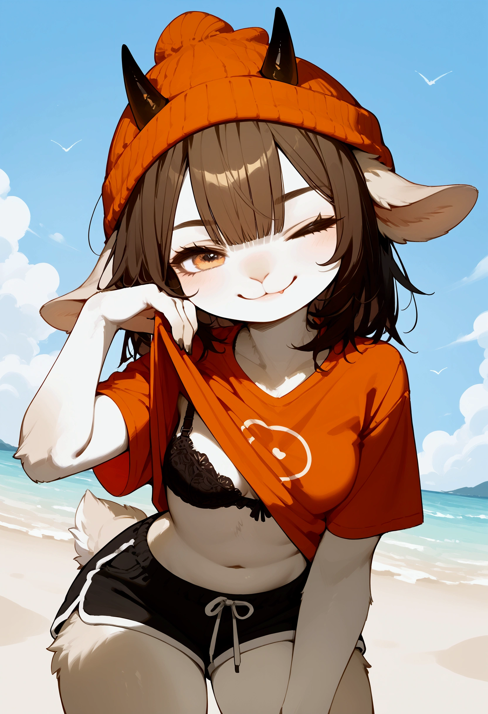 Half-closed eyes, smug smile , 1girl, anthro, furry, fur, fluffy fur, goat girl, trying to lift her shirt to show you her bra, one closed eye, black pamties, beach background, light beige body, Brown hair, bar eyes, orange beanie hay, Orange shirt, black bra, shorts hair, horns, score_9, score_8_up, score_7_up, score_6_up, score_5_up, score_4_up