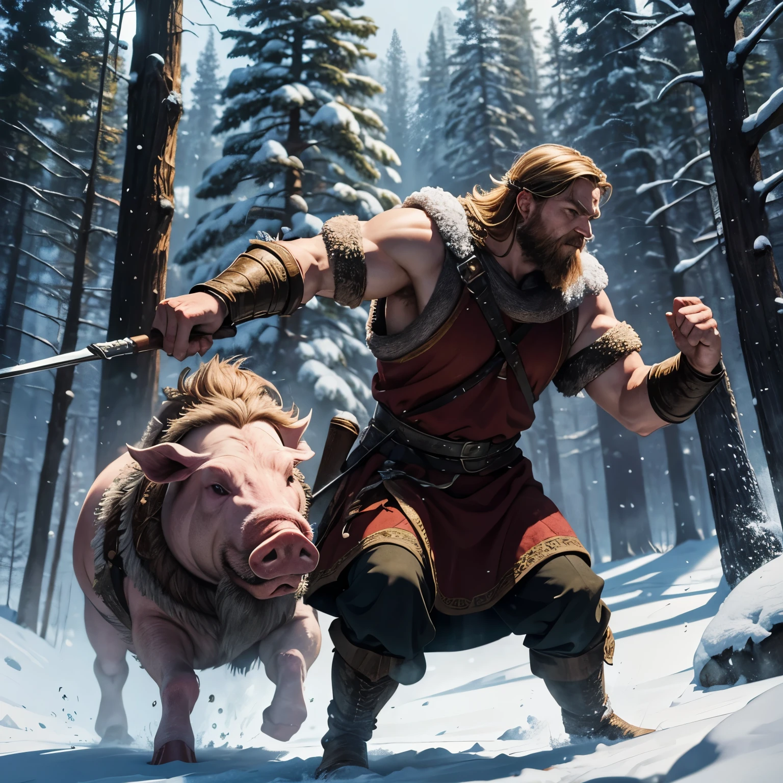 viking man, fighting, Pig, forest, winter, medieval age