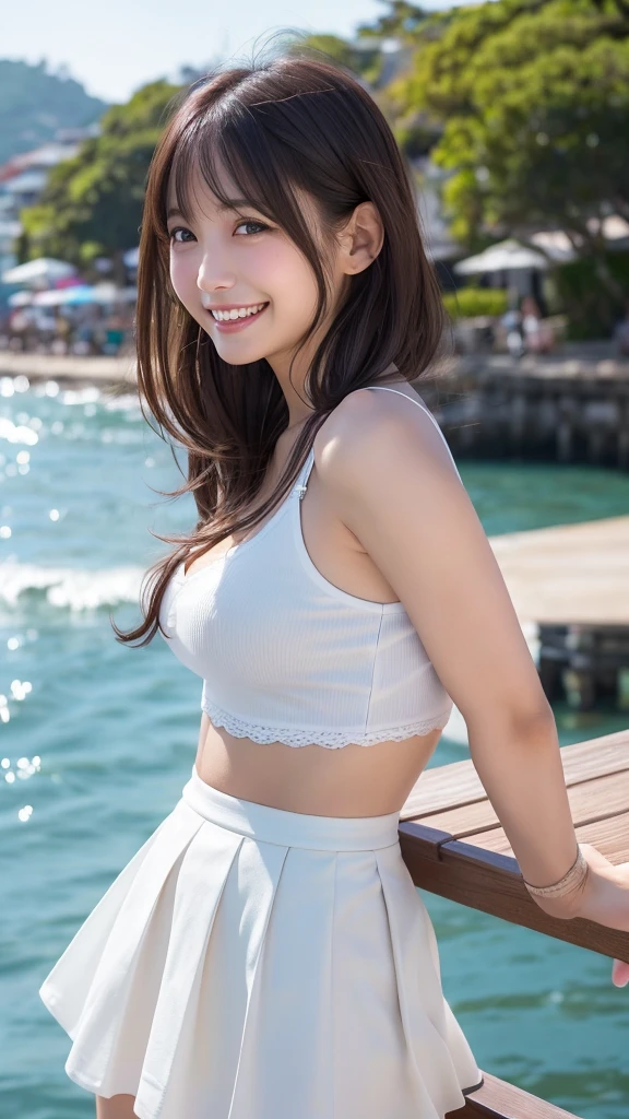 photograph、smile、Ultra slim、Delicate body、pretty girl、 The cutest Yua Mikami、Baby Face、White skin、Bobcut、Brown Hair、Wearing white underwear:1.8, Super short skirt, Butt, White shirt,Height: 154cm、Ocean Shore, Enoshima(Detailed Background), gloss々Lips, From the side, Pleated skirt、high school girl、uniform、Tabletop, Highest quality, (Realistic photograph:1.8), (Smooth lighting:1.2), Very detailed, In detail, High resolution, 8k, Perfect dynamic composition, (Fun smile:1.5), Open your mouth, (Beautiful attention to detail), naturals color lip, long wavy hair, Highly detailed face and skin texture, Perfect beautiful face blue sky、Ocean、Outdoor,Showcasing Cleavage、Waistline、Yua Mikami、Black Hair、、Japanese、E Cup、Waistline、Symmetrical face、From the sideのアングル、Blurred Background、Profile beauty、Tabletop,naturals、Human skin、healthy、Touching your hair