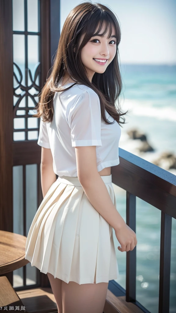 photograph、smile、Ultra slim、Delicate body、pretty girl、 The cutest Yua Mikami、Baby Face、White skin、Bobcut、Brown Hair、Wearing white underwear:1.8, Super short skirt, Butt, White shirt,Height: 154cm、Ocean Shore, Enoshima(Detailed Background), gloss々Lips, From the side, Pleated skirt、high school girl、uniform、Tabletop, Highest quality, (Realistic photograph:1.8), (Smooth lighting:1.2), Very detailed, In detail, High resolution, 8k, Perfect dynamic composition, (Fun smile:1.5), Open your mouth, (Beautiful attention to detail), naturals color lip, long wavy hair, Highly detailed face and skin texture, Perfect beautiful face blue sky、Ocean、Outdoor,Showcasing Cleavage、Waistline、Yua Mikami、Black Hair、、Japanese、E Cup、Waistline、Symmetrical face、From the sideのアングル、Blurred Background、Profile beauty、Tabletop,naturals、Human skin、healthy、Touching your hair