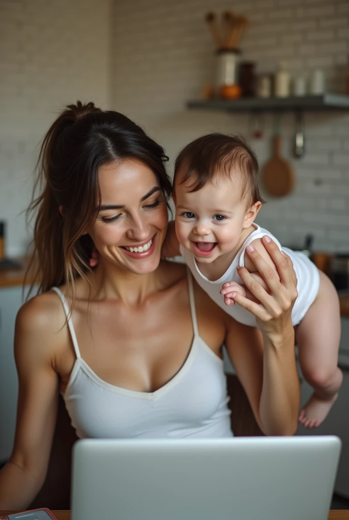super realistic image of a mother smiling and happy with her . She is wearing a tank top. She is playing with her babylifting him up with his arms. They are in their house with simple walls and exposed bricks. The house is very simple. She is sitting on a chair in the kitchen of her house in front of a table with a laptop.