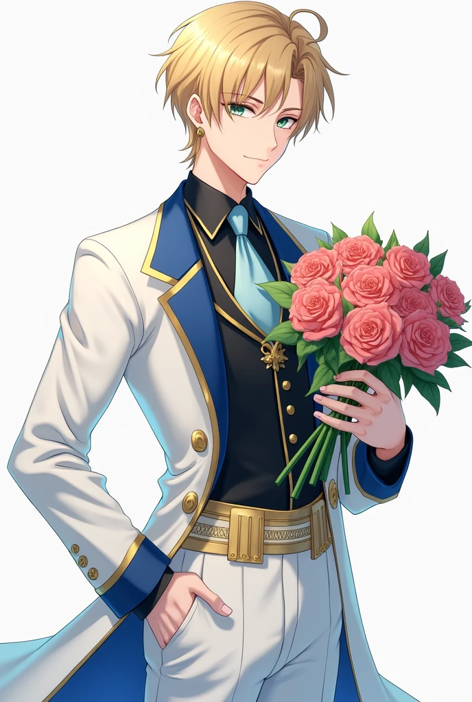 17 year old boy with golden hair, light sea green eyes white skin , Lean, with earrings in the ears, formal wear, white cover inside the cover fabric similar to blue silk, gold accents prendendo uma parte da ponta de cima da capa na outra, calça branca com gold accents na cintura , top of black clothes, gold accents, gravata azul clara com gold accents, sleeves of white clothes, pose with hand on waist showing part of white sleeve while holding a bouquet of roses in the other. アニメ