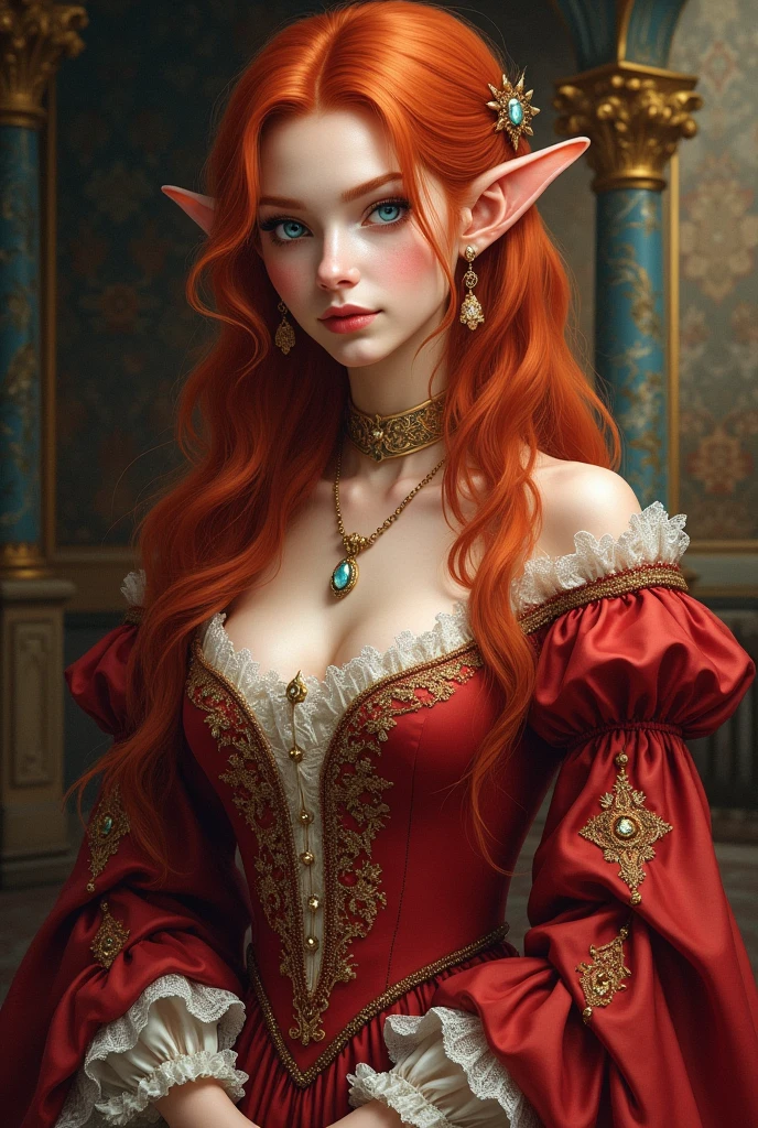Drawing of a red-haired elf with blue eyes wearing luxurious period clothing