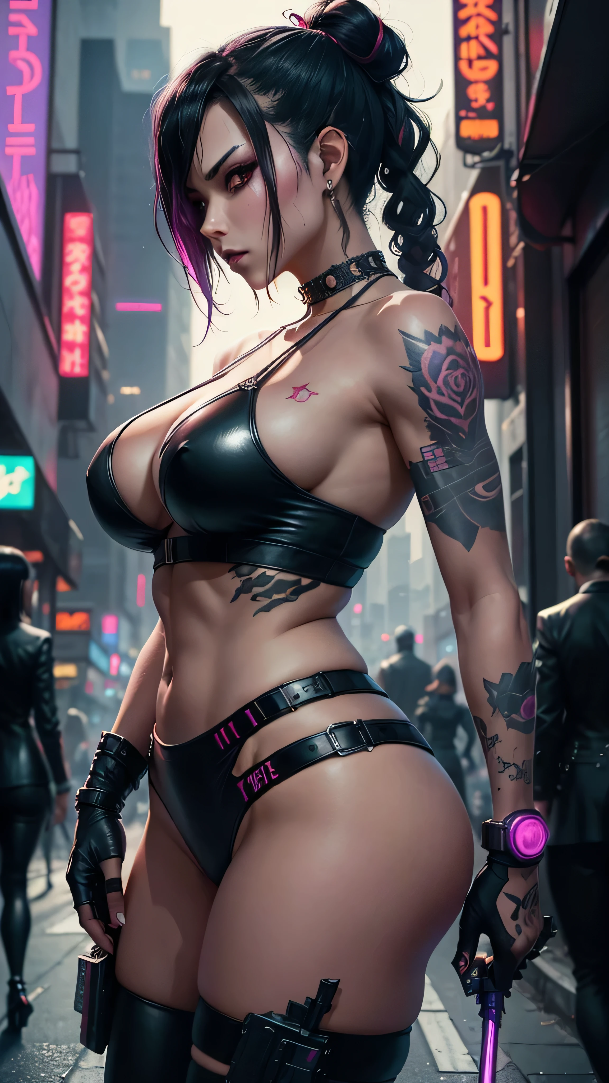 Artwork, plusieurs filles, gangster, Yakuza, they fight with sabers, tatouage sur tout le corps, dressed in black, super sexy, regard agressif, black hair tied, two sabers in the back, cyberpunk dark fantasy, epic, colorful neon, in a cyberpunk city, la nuit