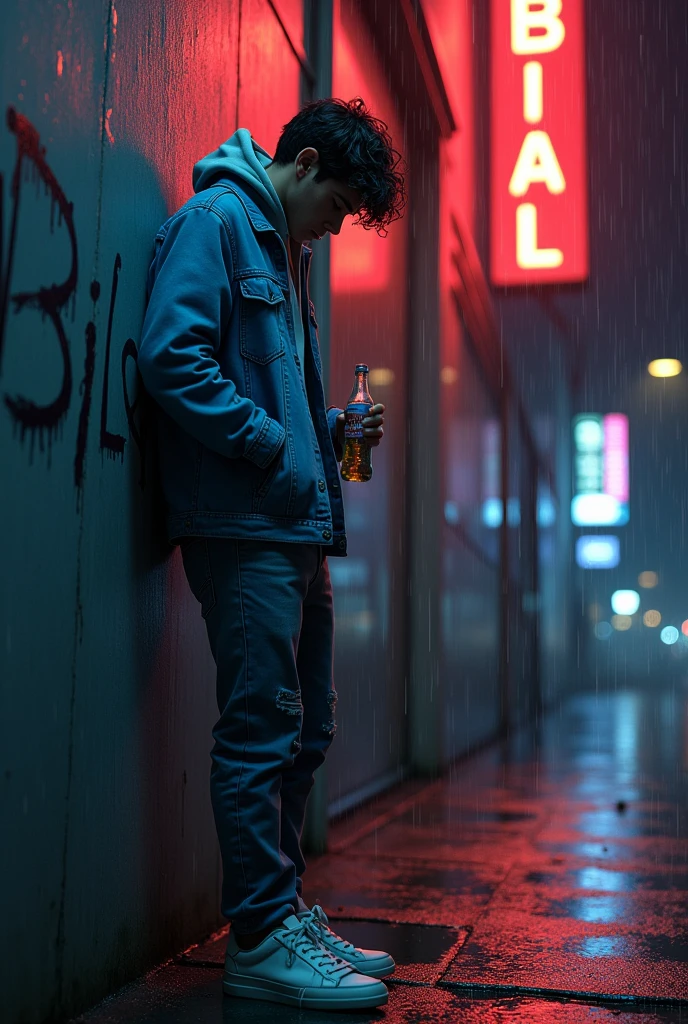 dress denim jeand sneakers shoes hoodie boy wall name bilal neon light smoking and bottle drink rain light dark view rain
