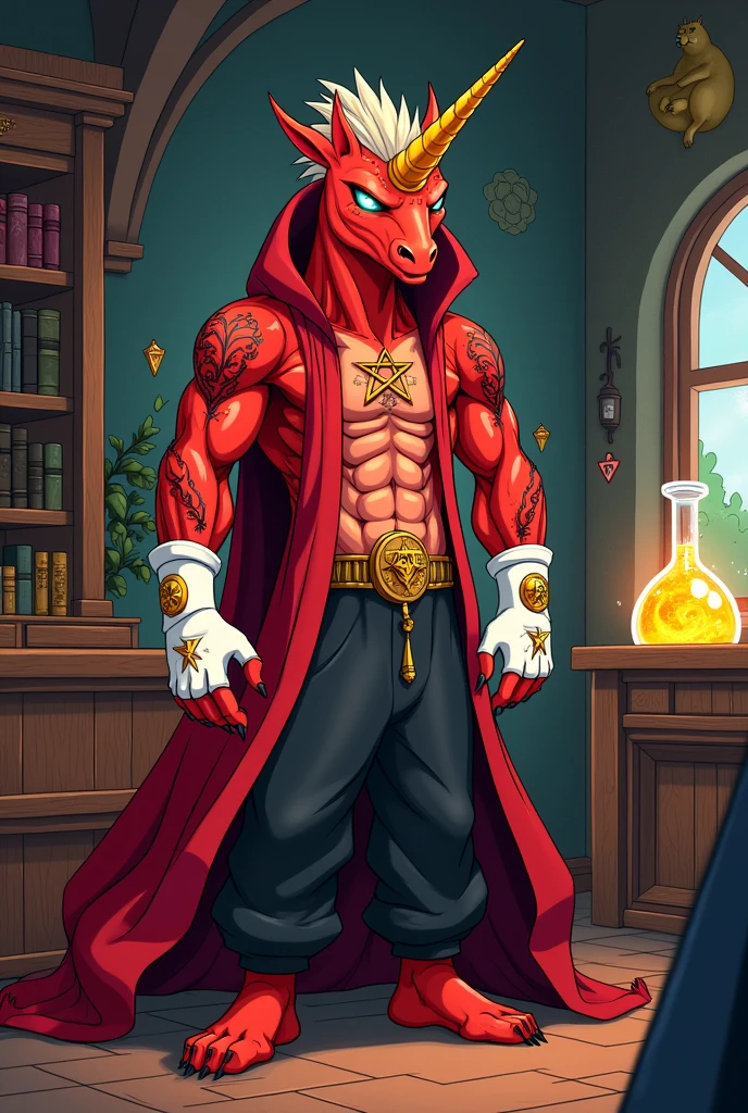 Create a humanoid demonic unicorn,, Red Wizard Suit Style Clothes, wearing baggy black pants, Wearing white gloves with alchemy symbol, wearing white high top sneakers, tattoos on body, black jewels, full of anxiety in tele finger, background image a wizard&#39;s room, Adventure Time style drawing
