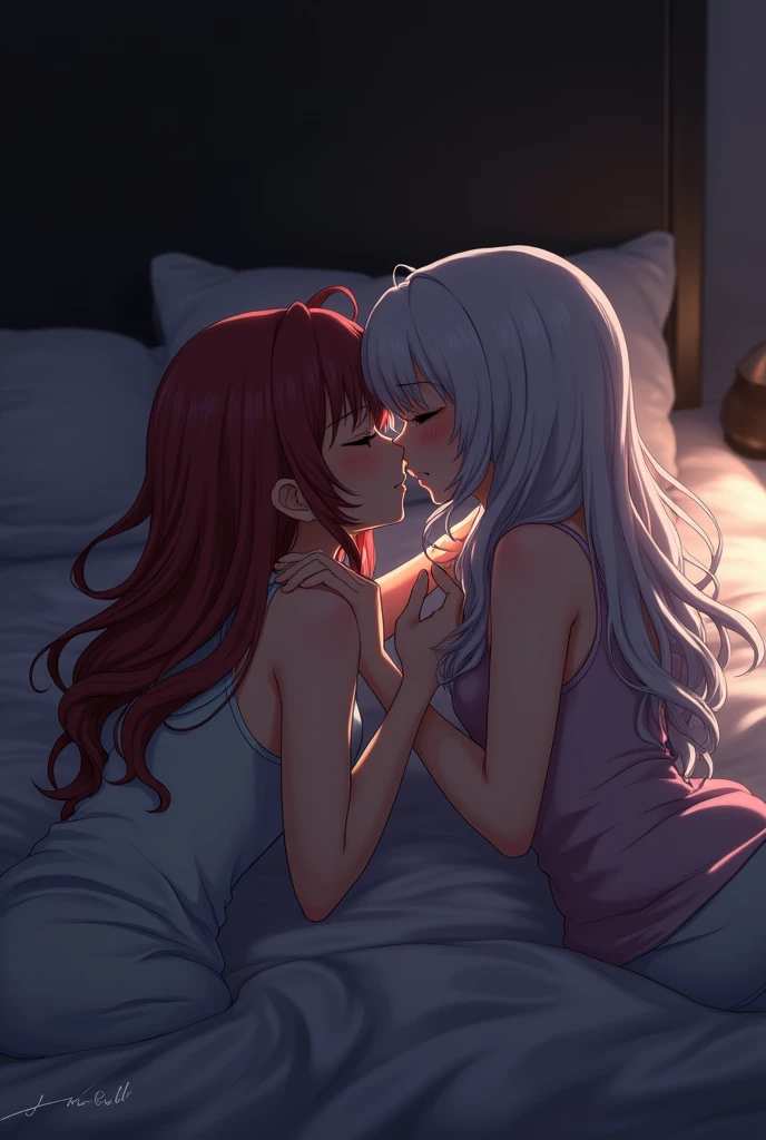 Two lesbian girls kissing, shoulders and neck, sweaty, Hot, hugs, sexy for, 的, , stas, Bedsroom, Beds, in Beds, dark chamber, a lamp, Lie down, face to face anime