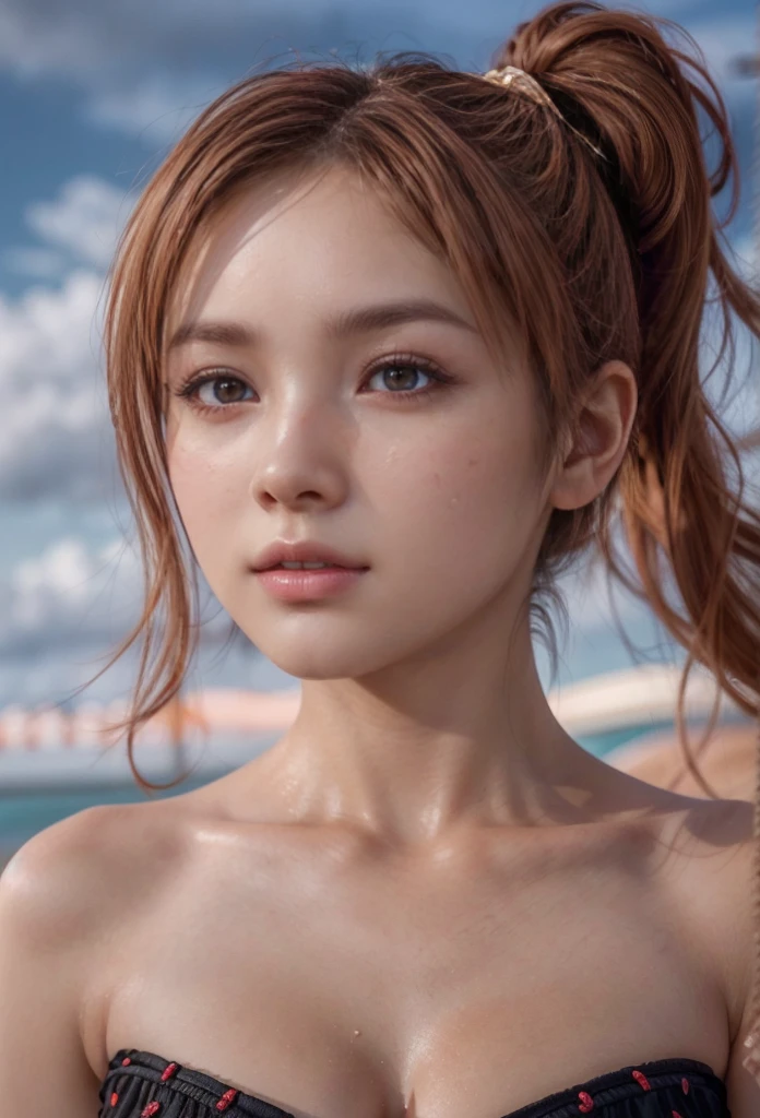 Kasumi, brown eyes, (best quality, ultra detail), (realistic:1.37), beautiful and detailed face, ultra-realistic texture, Delicate face, delicate body, red lipstick, bright colors. high definition, 8K. a soft.