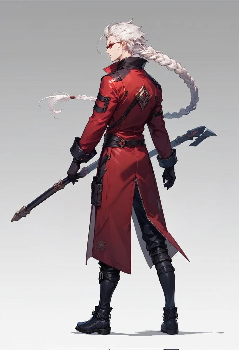  ((Concept ART )),human Male  ,Clear Skin , round Red Glasses , white hair,long braided ,zip Red Coat  , Black Gloves  , Black boots , Full body 