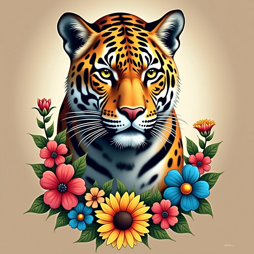 Create a fantastic Amazonian jaguar,inside a frame made of flowers. A mix of jaguar and tiger,leopard spots on the face, flowers in the head, sunflower, lilies, daisy, roses, color full, rainbow colours,spectacular, vibrant, no signature, no watermark,t-shirt art