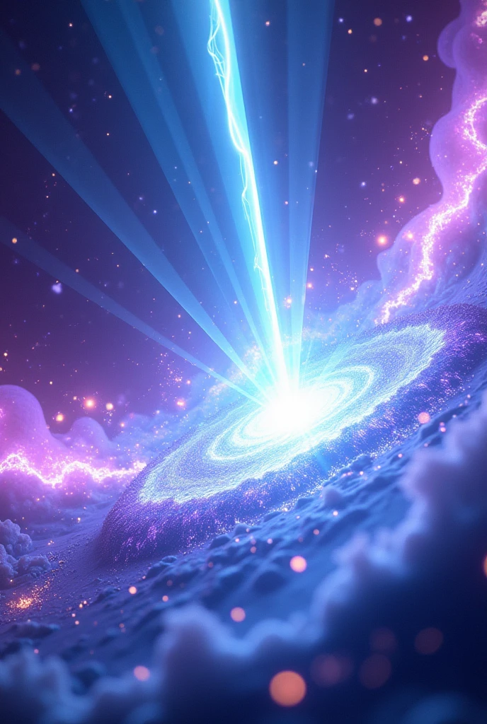 Dynamic, abstract background with swirling energy effects. Predominant colors are electric blue, vibrant purple, and white. Sharp, angled light beams cutting across the image diagonally. Blurred, circular patterns suggesting motion and power. High contrast between light and dark areas. Subtle hints of other colors like pink and yellow blended into the energy swirls. Overall effect should be intense and energetic, reminiscent of a powerful aura or energy blast from the Dragon Ball series.