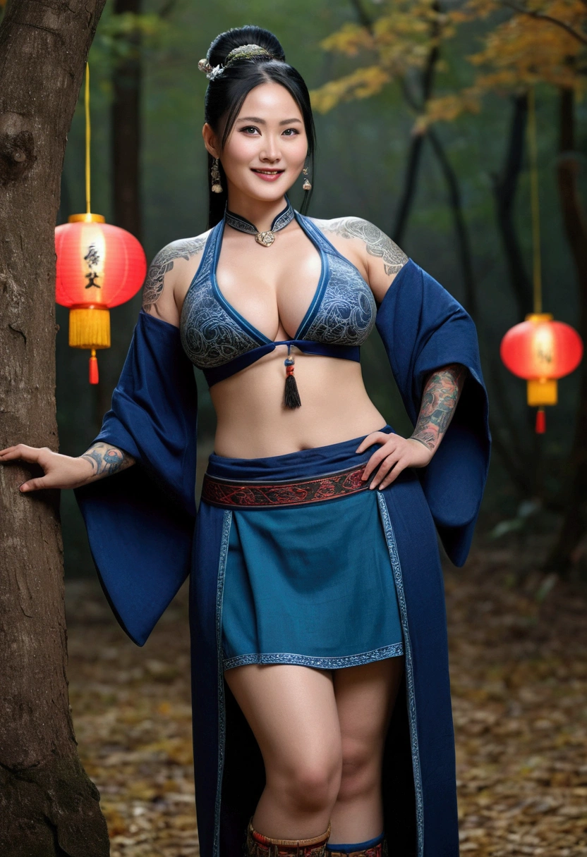 Female model,40 years old,Chinese tribe,thick body type,big breasts,tattooed white skin,big breasts,big ass thick thighs,facing a seductive smile,Black hair color,ponytail hair type,blue eye color,traditional costume clothing,whole body distance,dynamic angle,seductive pose action,autumn forest place,dark moon scene lights,realism style