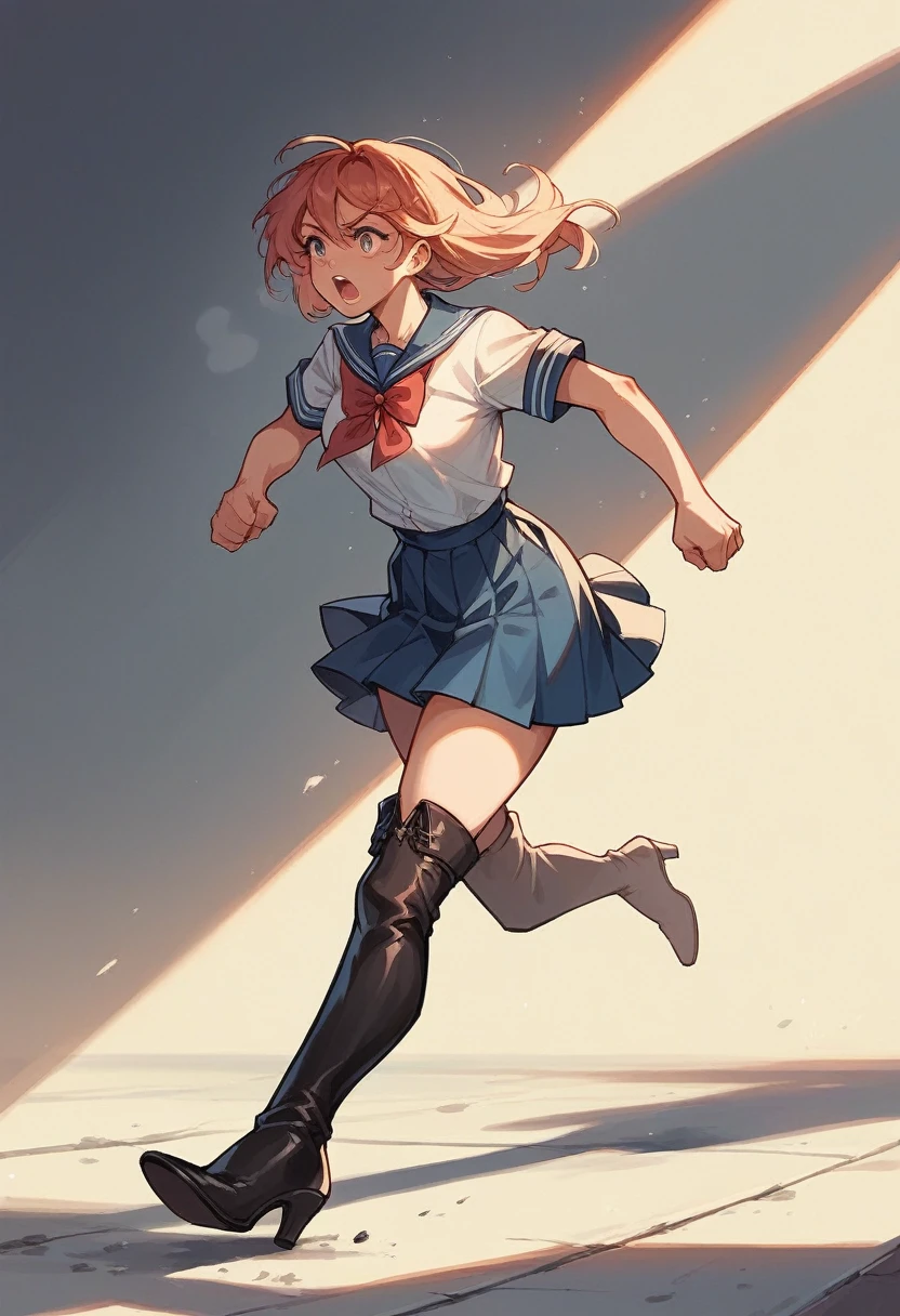 Girl in lace up thigh-high boots, school uniform, running, high heels