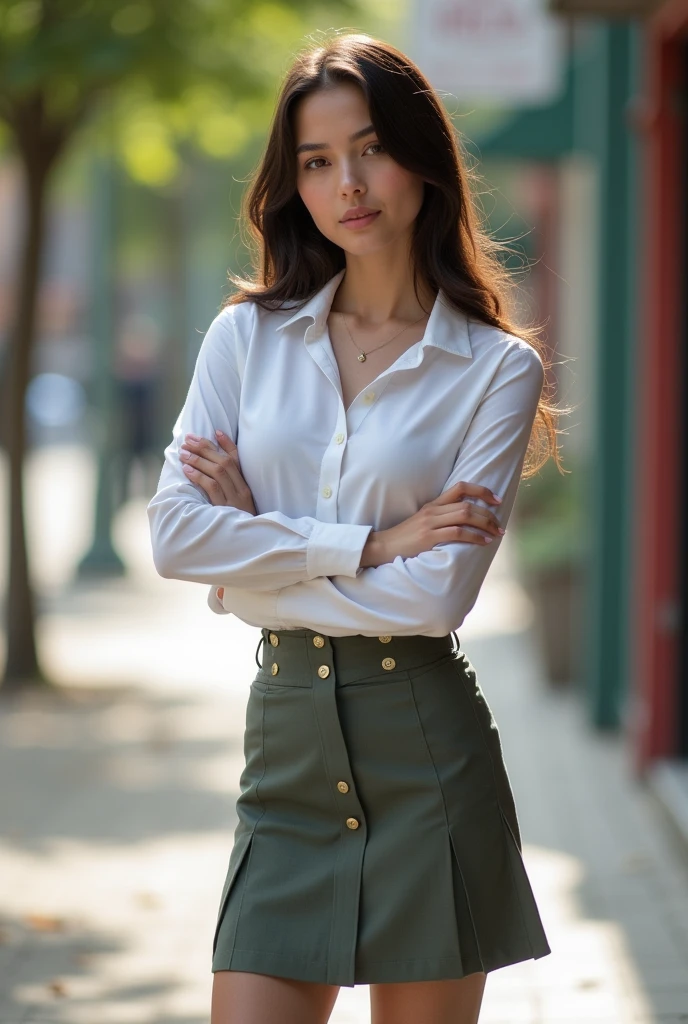 schoolgirl,standing on sidewalk, (arms crossed), full body portrait, ((((huge breasts)))), (skindentation), blouse button strain, thigh gap, thin waist, flat stomach, narrow shoulders,