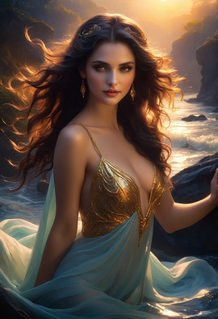 In twilight hues, a seductress emerges, a bewitching presence amidst haunted surges. Her beauty, a sultry glow in radiant light, a seduction in the darkness of the night. Her eyes, a tempting sparkle like stars above, celestial allure, an invitation to love. Lips that curve with a provocative smile, a temptation, a solace from the ghastly mile. Hair flowing in a cascade, a golden stream, a river of allure, a sensuous dream. Skin that glows with a luminous sheen, a light that seduces, banishing shadows keen. Her form sways in a provocative dance, an enchanting beauty, a seductive trance. Voice that whispers, a sultry breeze, a melody of passion, a symphony that teases. In her presence, spirits surrender and fade, a seduction that conquers, a love charade. Ghosts in hasty retreat from her power, a goddess reigning, a beauty to devour. Laughter rings with a seductive sound, a melody echoing, joy profound. Her touch, a healer, a caress, solace from the haunted's deep distress. Let her shine, let her seduction prevail, a beacon in darkness, a love that won't fail. In her radiance, fear subsides, a goddess of seduction, beauty that abides.
