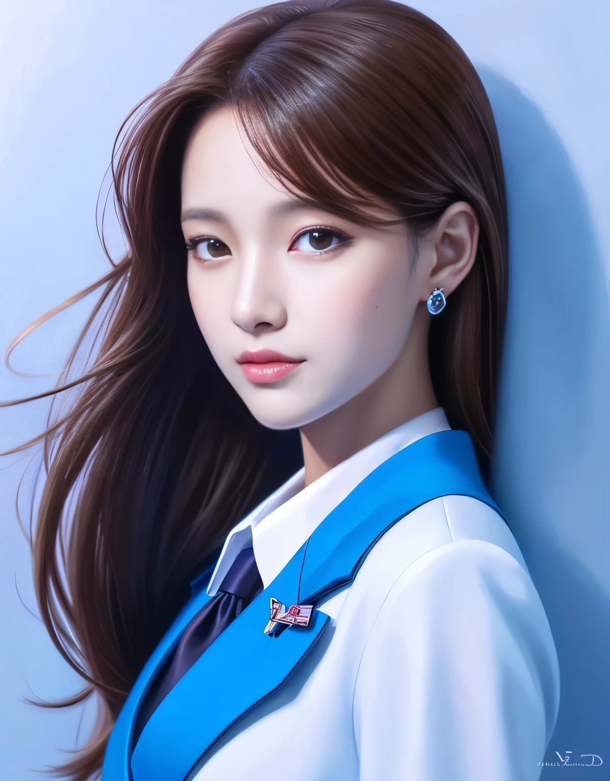 Close up portrait of woman in blue suit and white shirt, Elegant digital art, High-quality portraits, Shiny digital painting, Digital Art Images, Beautiful digital art, Elegant digital painting, Portrait of a female idol in Japan, Beautiful digital painting, Realistic cute girl drawing, high quality digital painting, TWICE's Tzuyu, Professional Profile Photo, Japanese Girls