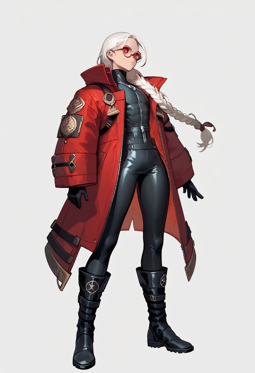 ((Concept ART )),human Male ,Clear Skin , round Red Glasses , white hair,long braided ,zip Red Coat , Black Gloves , Black boots , Full body