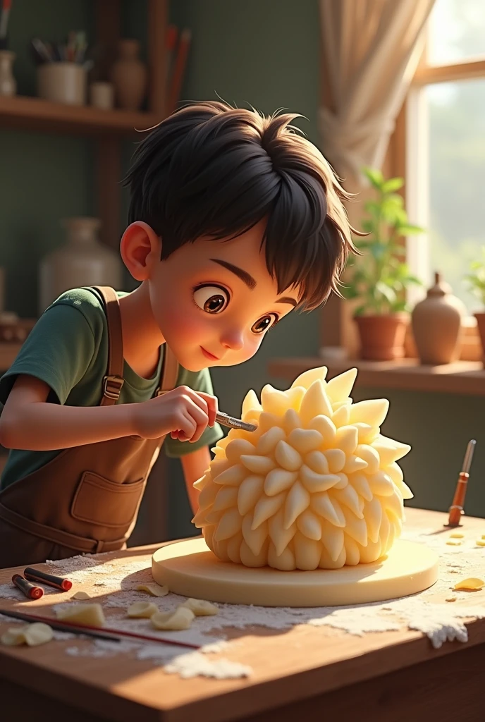 A boy carving a larger soap art A statue