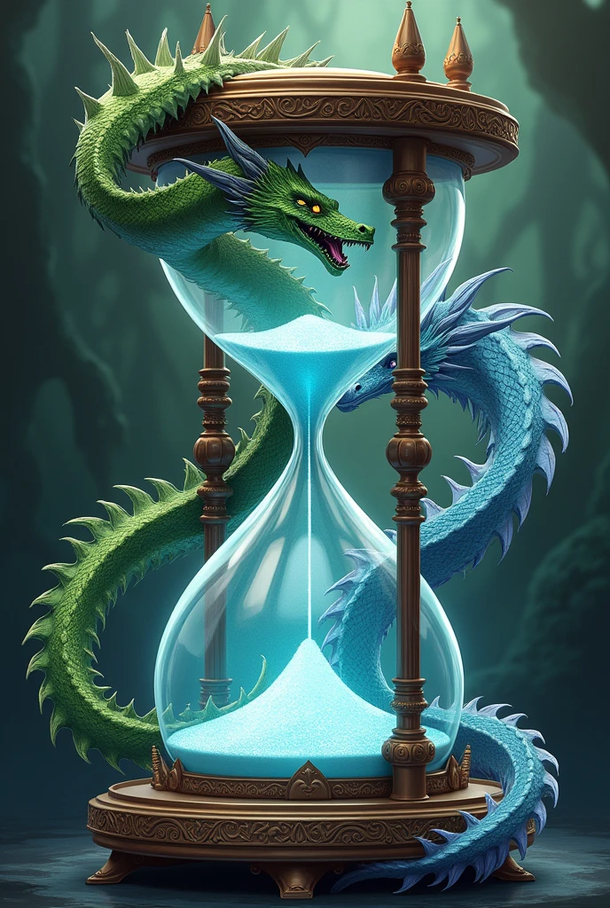 An image that looks like a banner of an hourglass with a green dragon and a light blue one in the background 

