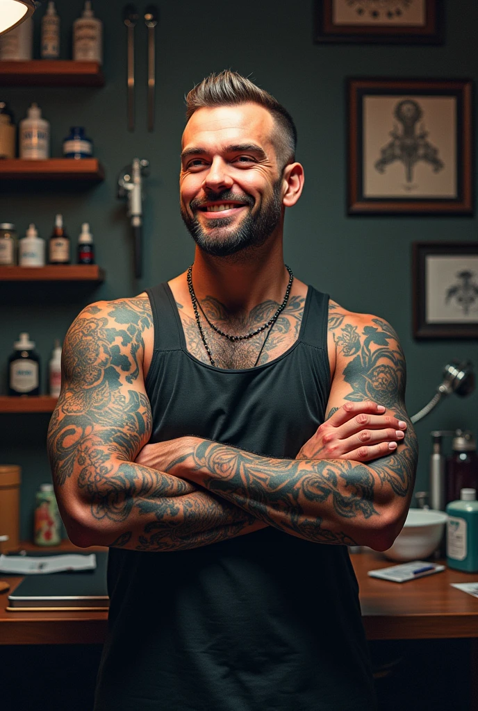 A professional tattoo artist with his arms crossed, smiling, wherever you are see all your tattoo supplies.