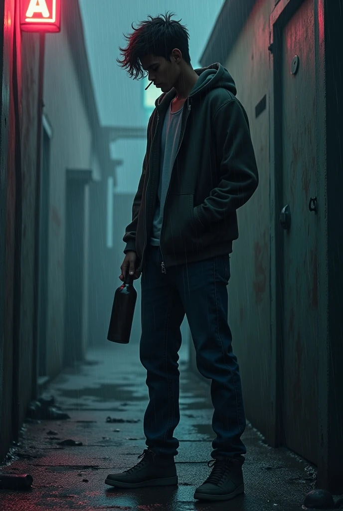  dress denim jeans sneakers shoes hoodie boy sad  wall rain dark view name bilal neon light smoking and bottle drink 