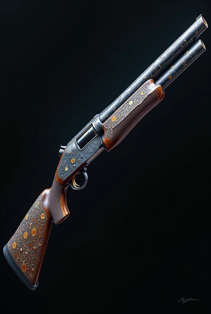 Long, thick barrel shotgun with magic circles on the stock and barrel.