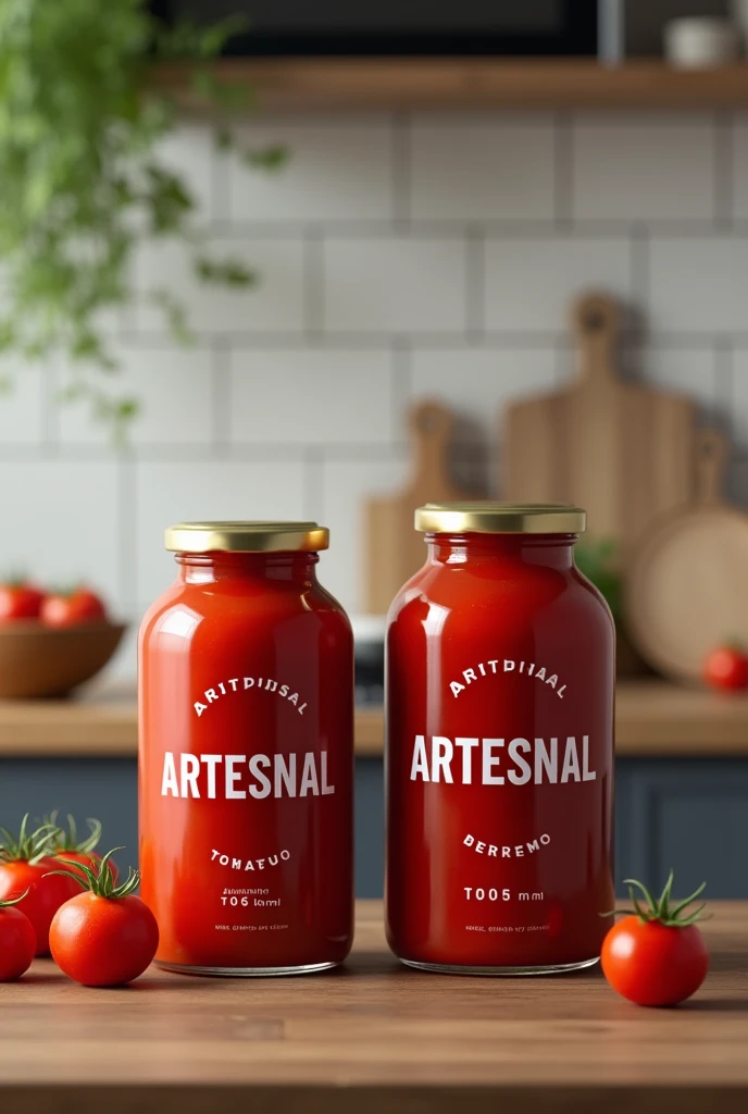 Create an image, 1 litre tomato sauce jar and a different 500ml jar, 
With a label say the word:
 ARTESANAL Write ARTESANAL correctly on the label Create the image in a modern kitchen,
And it looks realistic taken from a cell phone camera, 
Make it look like an advertisement Make the bottle look like a ketchup bottle, but with the same label, that the container is made of plastic with a spout lid and has a small description at the bottom of the label, Let it be in Spanish, i.e. a slogan Make the image realistic 