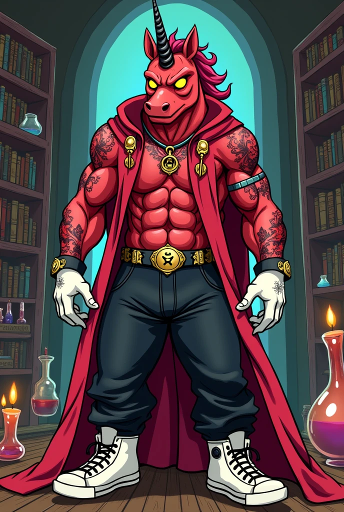 Create a humanoid demonic unicorn,, Red Wizard Suit Style Clothes, wearing baggy black pants, Wearing white gloves with alchemy symbol, wearing white high top sneakers, tattoos on body, black jewels, full of anxiety in tele finger, background image a wizard's room, Adventure Time style drawing