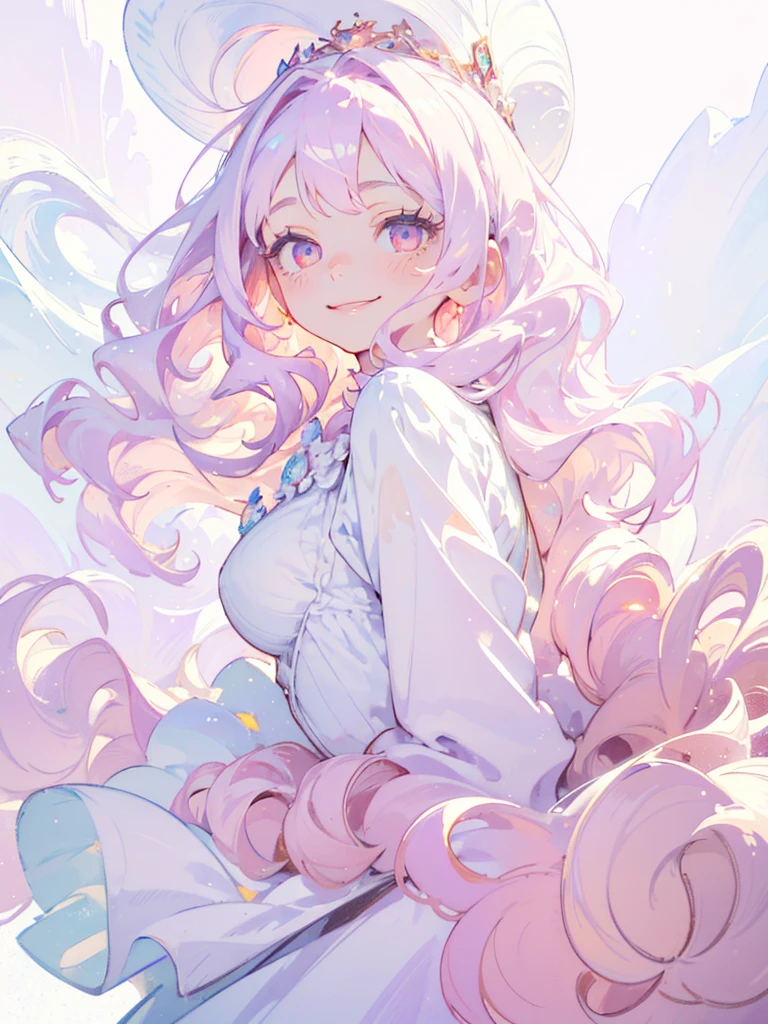 (masterpiece,Highest quality, Very detailed, beautiful, Exquisite, 16K, Full HD), ((smile,Happy:1.5)),get up,((Frills, Sparkling fluffy layered ball gown)), (Pink medium hair,Wavy Hair,Fluffy hair),(White skin,lavender eyes, Long eyelashes, Big eyes,Pale pink cheeks), (pastel colour,Fantasy art:1.2), (White Background:1.8),Facing forward,Upper Body,The body is facing forward.