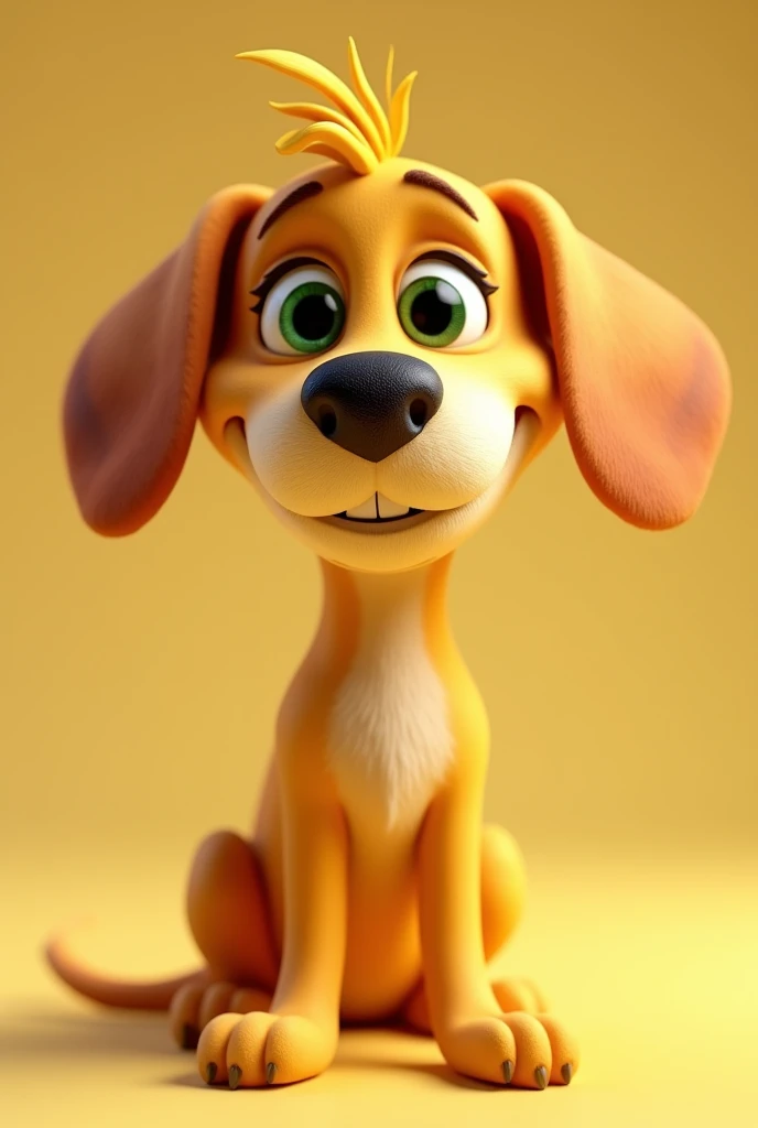A lovely yellow dog, Scrawny, with floppy ears, 3d pixar style, greeneyes