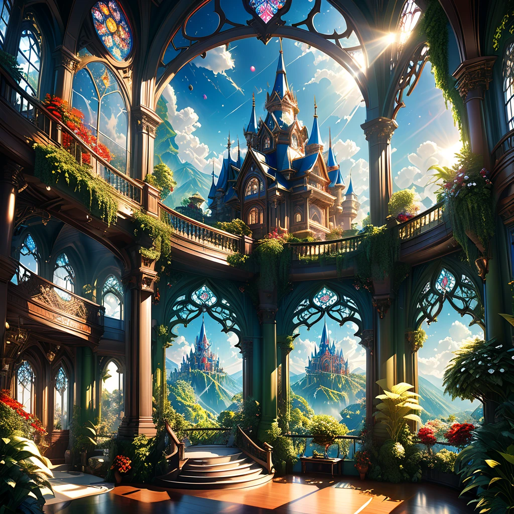 a magnificent floating royal castle in the sky, a huge astronomical telescope on the balcony, ornate architecture, highly detailed, intricate carvings and decorations, glowing crystals, sunlight streaming through stained glass windows, overflowing gardens, lush greenery, (best quality,4k,8k,highres,masterpiece:1.2),ultra-detailed,(realistic,photorealistic,photo-realistic:1.37),detailed lighting, dramatic shadows, vibrant colors, fantasy, digital art, concept art